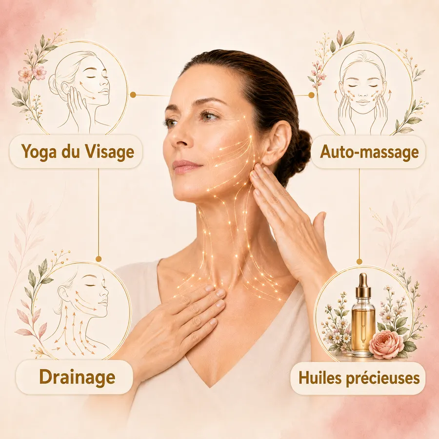 La méthode Yoga du Visage Expert : yoga facial, auto-massage, drainage lymphatique, huiles précieuses.
